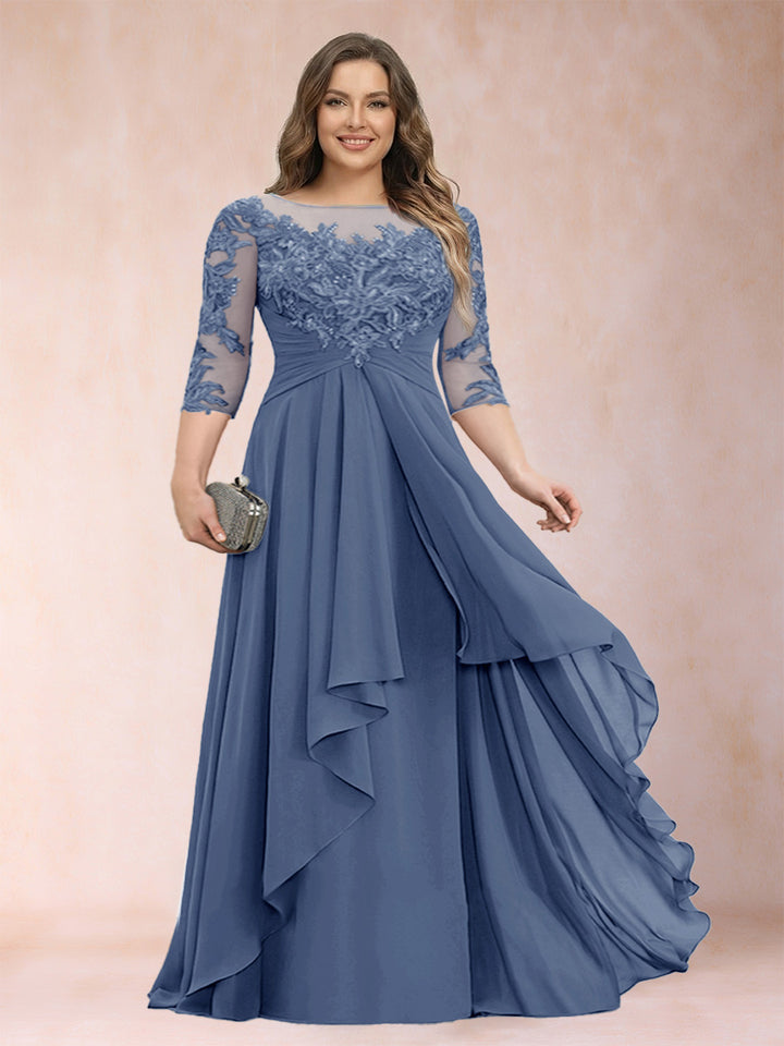 A-Line/Princess Scoop 3/4 Sleeves Chiffon Plus Size Mother of the Bride Dresses with Appliques &amp; Ruffles