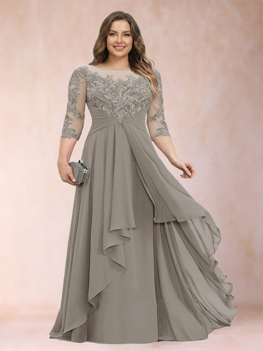 A-Line/Princess Scoop 3/4 Sleeves Chiffon Plus Size Mother of the Bride Dresses with Appliques &amp; Ruffles