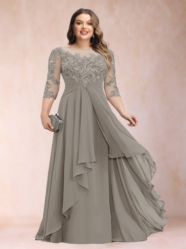 A-Line/Princess Scoop 3/4 Sleeves Chiffon Plus Size Mother of the Bride Dresses with Appliques & Ruffles