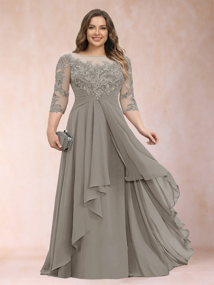 A-Line/Princess Scoop 3/4 Sleeves Chiffon Plus Size Mother of the Bride Dresses with Appliques &amp; Ruffles