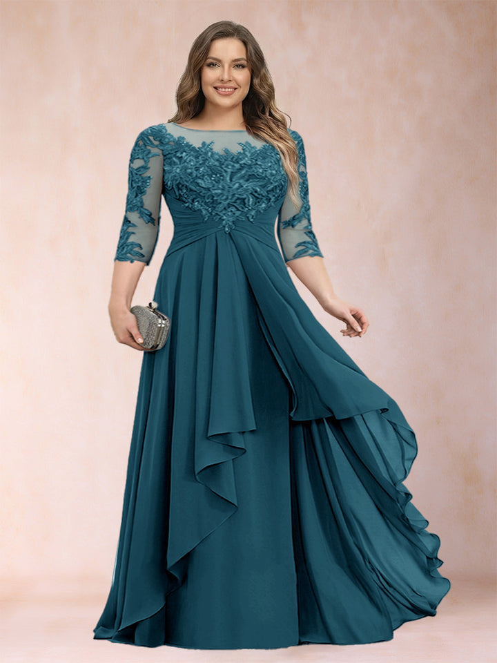 A-Line/Princess Scoop 3/4 Sleeves Chiffon Plus Size Mother of the Bride Dresses with Appliques &amp; Ruffles