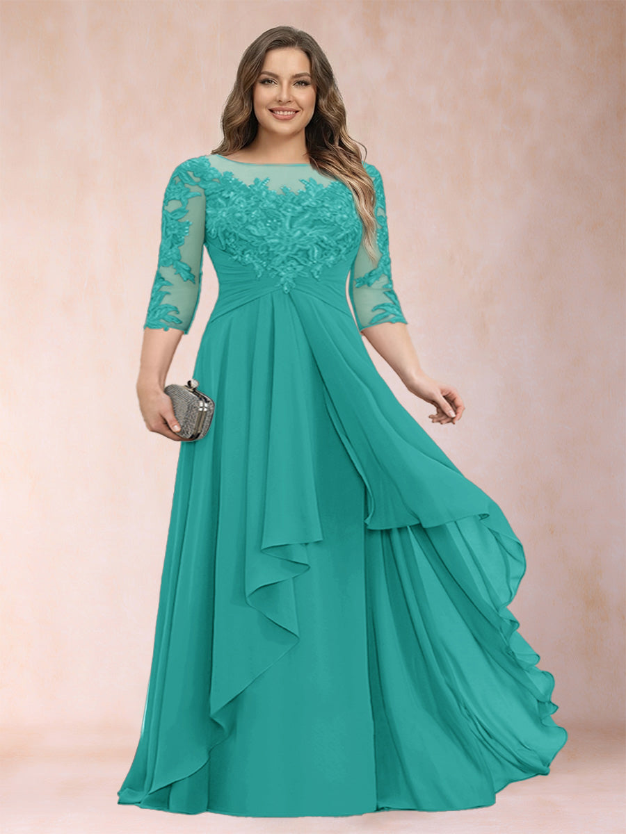 A-Line/Princess Scoop 3/4 Sleeves Chiffon Plus Size Mother of the Bride Dresses with Appliques &amp; Ruffles