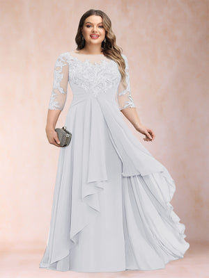 A-Line/Princess Scoop 3/4 Sleeves Chiffon Plus Size Mother of the Bride Dresses with Appliques & Ruffles