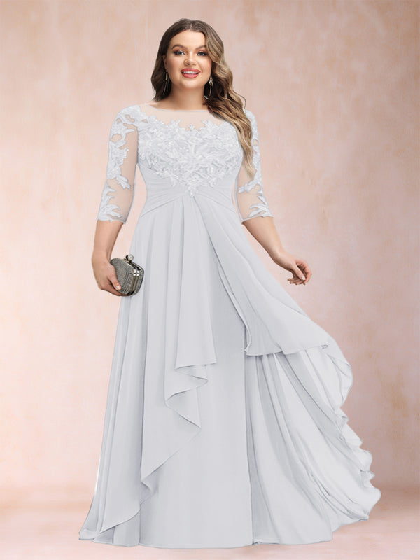 A-Line/Princess Scoop 3/4 Sleeves Chiffon Plus Size Mother of the Bride Dresses with Appliques & Ruffles