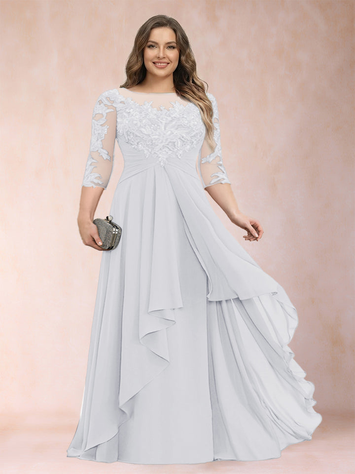 A-Line/Princess Scoop 3/4 Sleeves Chiffon Plus Size Mother of the Bride Dresses with Appliques &amp; Ruffles
