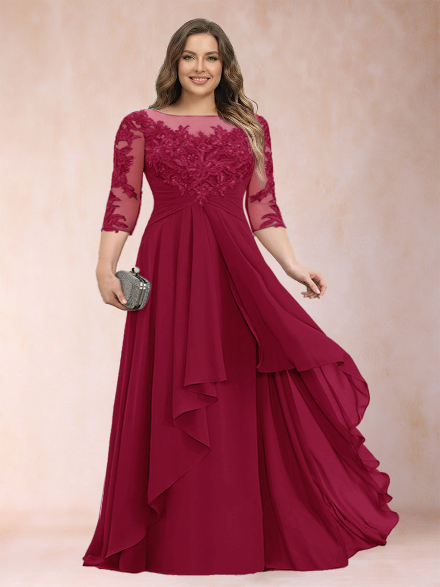 A-Line/Princess Scoop 3/4 Sleeves Chiffon Plus Size Mother of the Bride Dresses with Appliques &amp; Ruffles