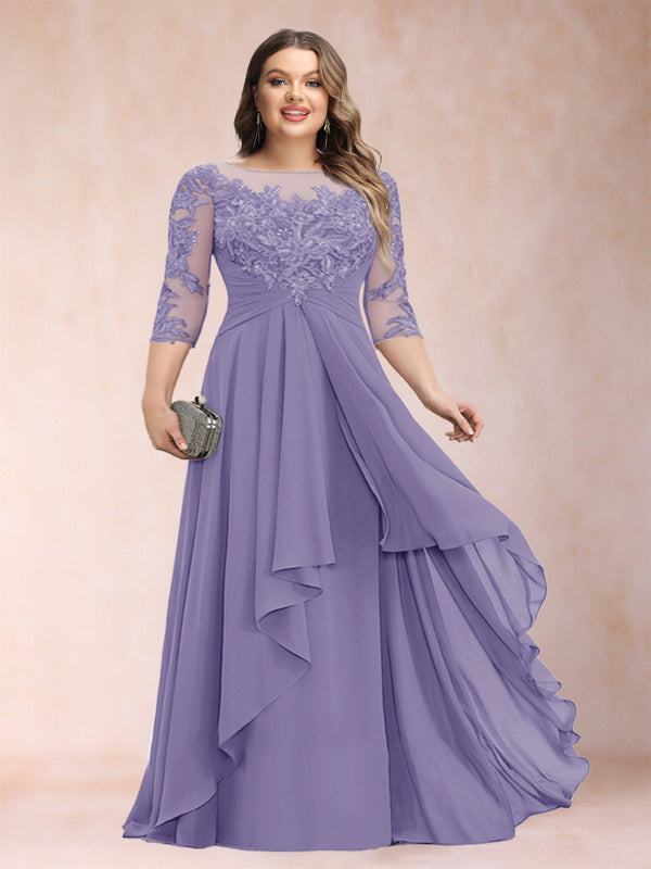 A-Line/Princess Scoop 3/4 Sleeves Chiffon Plus Size Mother of the Bride Dresses with Appliques & Ruffles