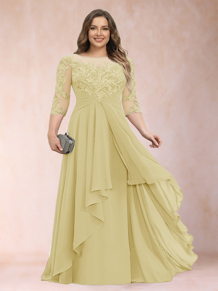 A-Line/Princess Scoop 3/4 Sleeves Chiffon Plus Size Mother of the Bride Dresses with Appliques &amp; Ruffles