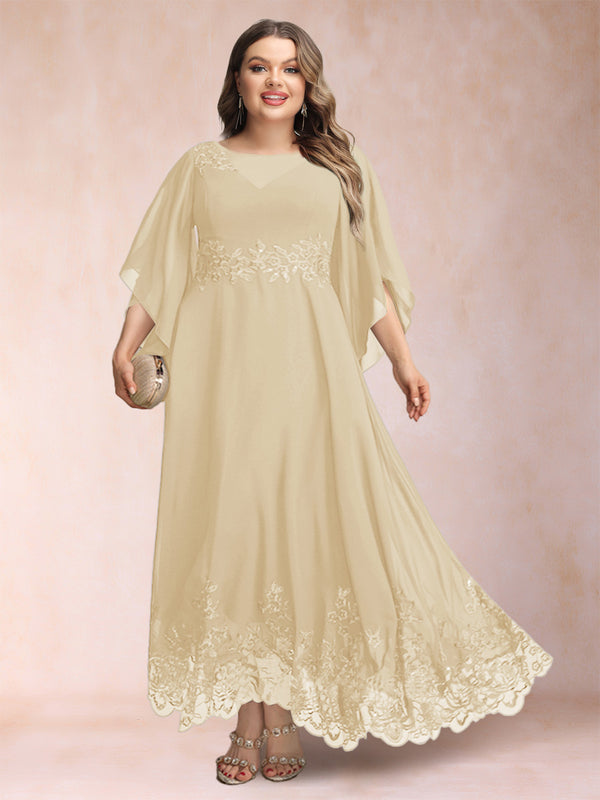A-Line/Princess Scoop 3/4 Sleeves Ankle-Length Plus Size Mother of the Bride Dresses with Appliques