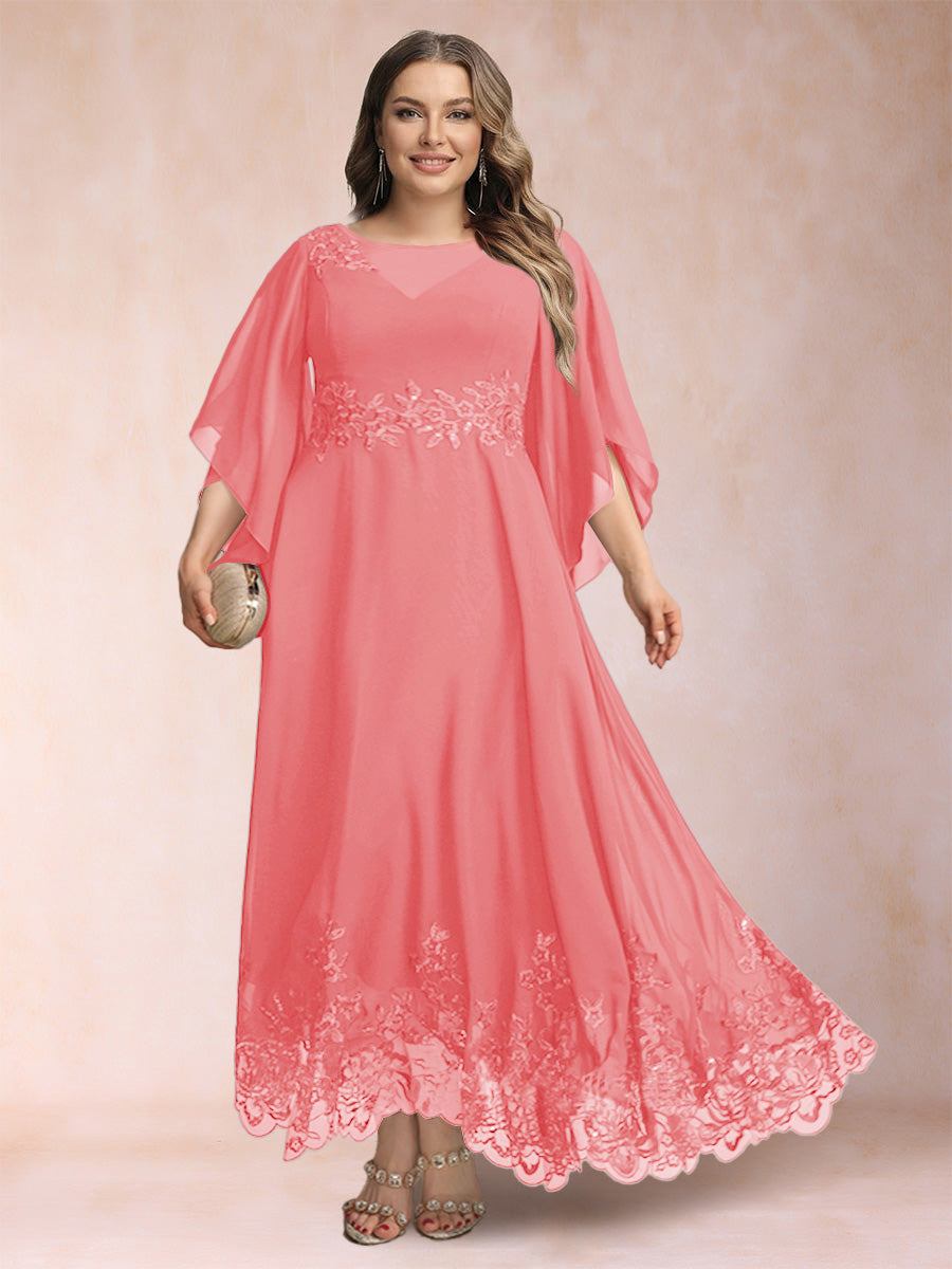 A-Line/Princess Scoop 3/4 Sleeves Ankle-Length Plus Size Mother of the Bride Dresses with Appliques