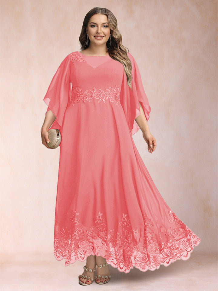 A-Line/Princess Scoop 3/4 Sleeves Ankle-Length Plus Size Mother of the Bride Dresses with Appliques