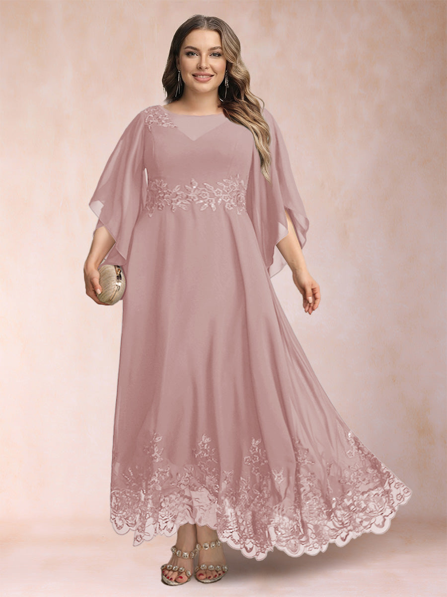 A-Line/Princess Scoop 3/4 Sleeves Ankle-Length Plus Size Mother of the Bride Dresses with Appliques