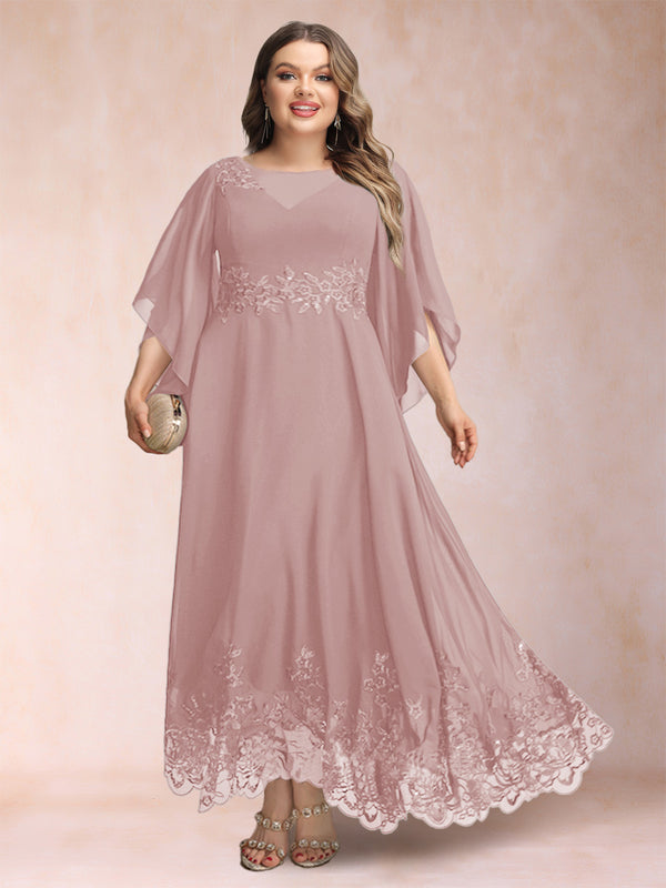 A-Line/Princess Scoop 3/4 Sleeves Ankle-Length Plus Size Mother of the Bride Dresses with Appliques