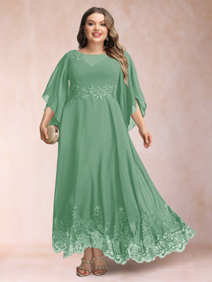 A-Line/Princess Scoop 3/4 Sleeves Ankle-Length Plus Size Mother of the Bride Dresses with Appliques