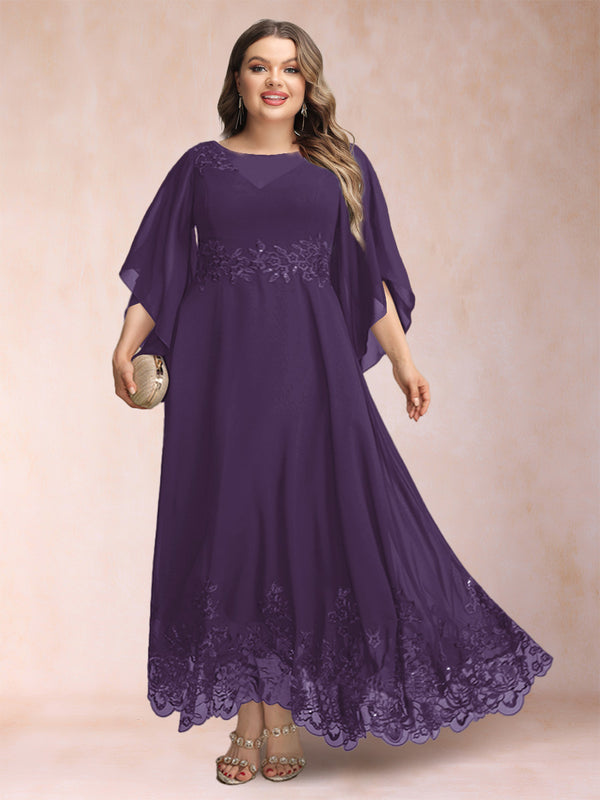 A-Line/Princess Scoop 3/4 Sleeves Ankle-Length Plus Size Mother of the Bride Dresses with Appliques