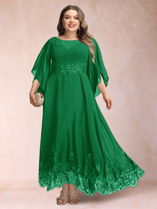 A-Line/Princess Scoop 3/4 Sleeves Ankle-Length Plus Size Mother of the Bride Dresses with Appliques