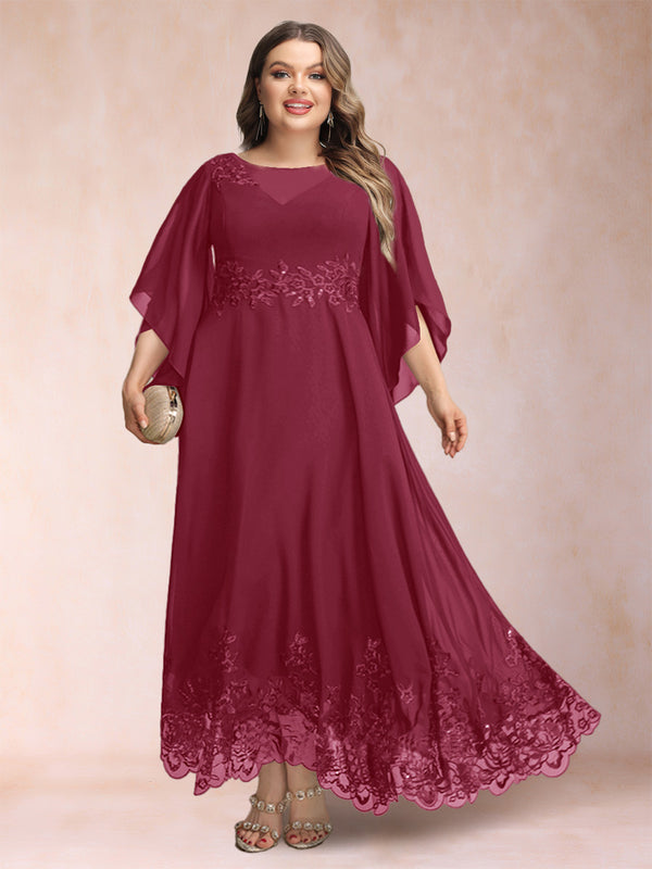 A-Line/Princess Scoop 3/4 Sleeves Ankle-Length Plus Size Mother of the Bride Dresses with Appliques