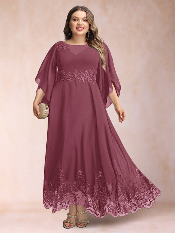 A-Line/Princess Scoop 3/4 Sleeves Ankle-Length Plus Size Mother of the Bride Dresses with Appliques