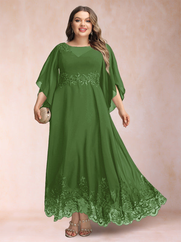 A-Line/Princess Scoop 3/4 Sleeves Ankle-Length Plus Size Mother of the Bride Dresses with Appliques