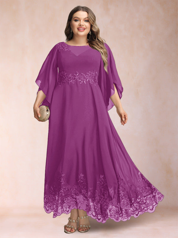 A-Line/Princess Scoop 3/4 Sleeves Ankle-Length Plus Size Mother of the Bride Dresses with Appliques