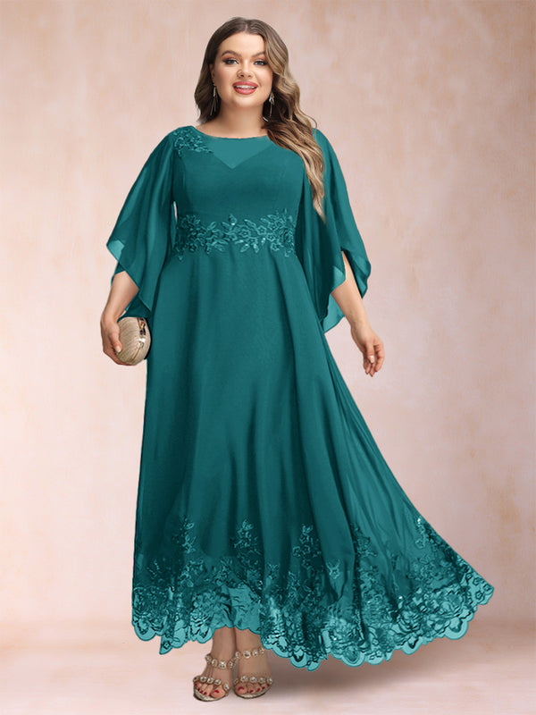 A-Line/Princess Scoop 3/4 Sleeves Ankle-Length Plus Size Mother of the Bride Dresses with Appliques