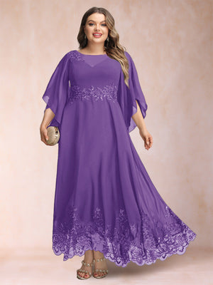 A-Line/Princess Scoop 3/4 Sleeves Ankle-Length Plus Size Mother of the Bride Dresses with Appliques