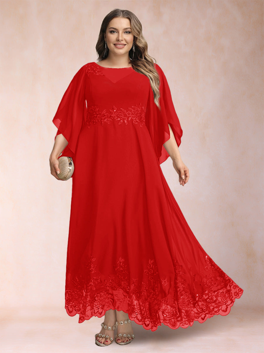 A-Line/Princess Scoop 3/4 Sleeves Ankle-Length Plus Size Mother of the Bride Dresses with Appliques