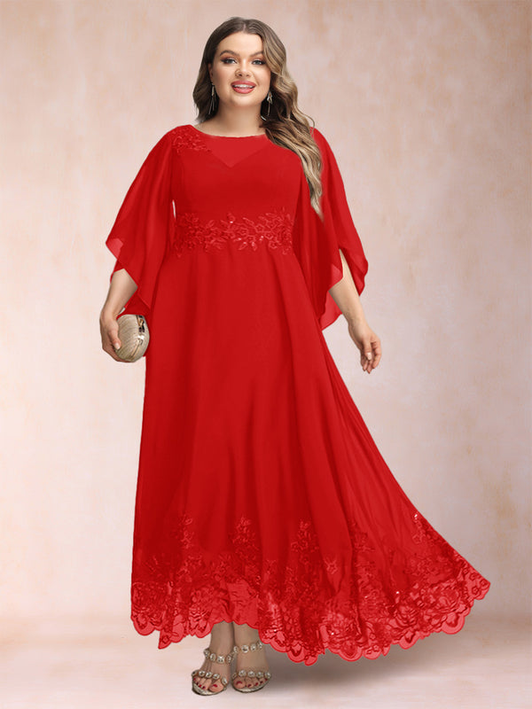 A-Line/Princess Scoop 3/4 Sleeves Ankle-Length Plus Size Mother of the Bride Dresses with Appliques
