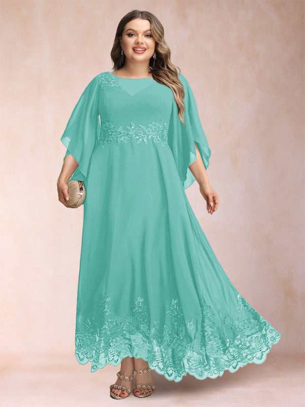 A-Line/Princess Scoop 3/4 Sleeves Ankle-Length Plus Size Mother of the Bride Dresses with Appliques