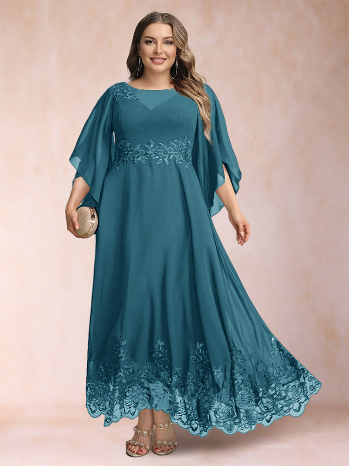 A-Line/Princess Scoop 3/4 Sleeves Ankle-Length Plus Size Mother of the Bride Dresses with Appliques