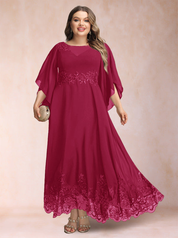 A-Line/Princess Scoop 3/4 Sleeves Ankle-Length Plus Size Mother of the Bride Dresses with Appliques