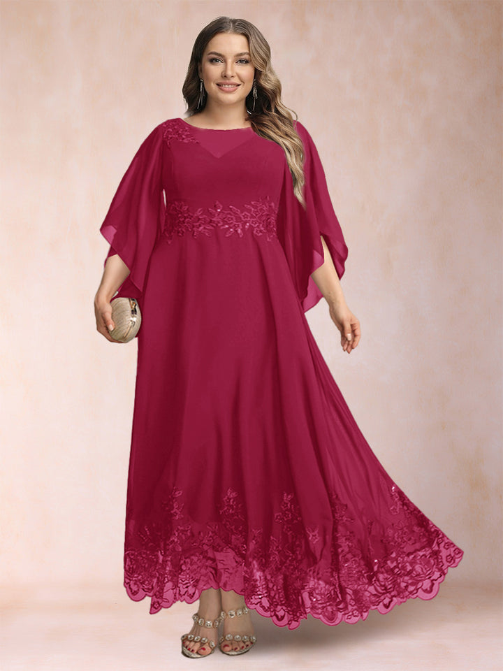 A-Line/Princess Scoop 3/4 Sleeves Ankle-Length Plus Size Mother of the Bride Dresses with Appliques