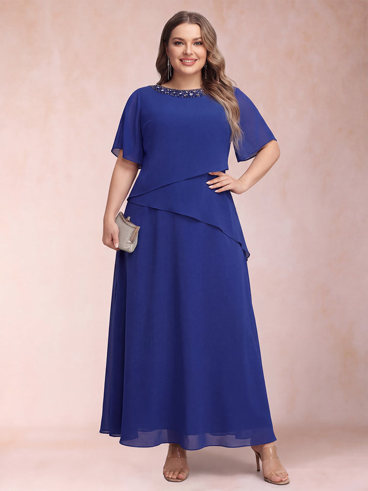 A-Line/Princess Scoop Half Sleeves Ankle-Length Plus Size Mother of the Bride Dresses with Rhinestone