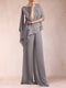 Chiffon Scoop 3/4 Sleeves 2 Pieces Ruched Pantsuits with Rhinestone