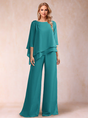 Chiffon Scoop 3/4 Sleeves 2 Pieces Ruched Pantsuits with Rhinestone