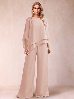 Chiffon Scoop 3/4 Sleeves 2 Pieces Ruched Pantsuits with Rhinestone