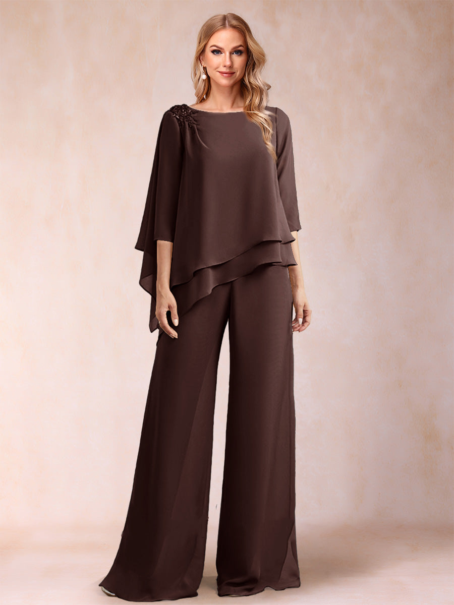 Chiffon Scoop 3/4 Sleeves 2 Pieces Ruched Pantsuits with Rhinestone