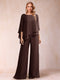 Chiffon Scoop 3/4 Sleeves 2 Pieces Ruched Pantsuits with Rhinestone