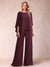 Chiffon Scoop 3/4 Sleeves 2 Pieces Ruched Pantsuits with Rhinestone