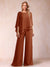 Chiffon Scoop 3/4 Sleeves 2 Pieces Ruched Pantsuits with Rhinestone