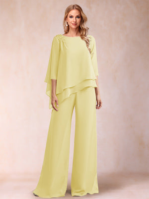Chiffon Scoop 3/4 Sleeves 2 Pieces Ruched Pantsuits with Rhinestone