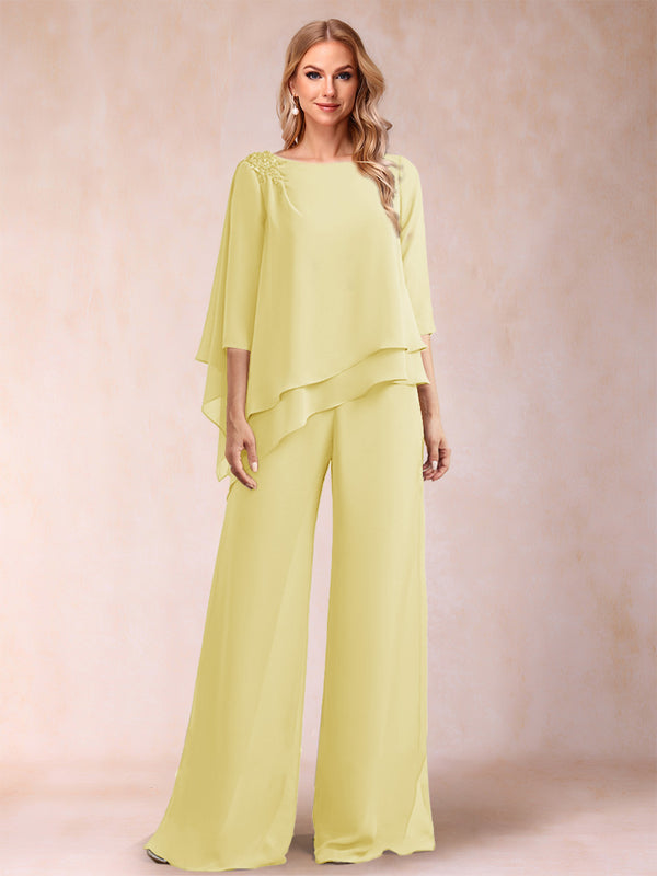 Chiffon Scoop 3/4 Sleeves 2 Pieces Ruched Pantsuits with Rhinestone