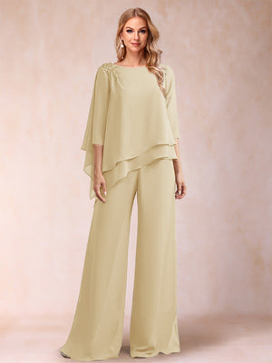 Chiffon Scoop 3/4 Sleeves 2 Pieces Ruched Pantsuits with Rhinestone