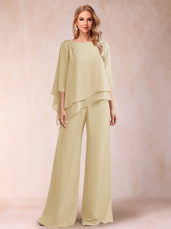 Chiffon Scoop 3/4 Sleeves 2 Pieces Ruched Pantsuits with Rhinestone