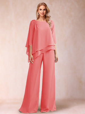 Chiffon Scoop 3/4 Sleeves 2 Pieces Ruched Pantsuits with Rhinestone