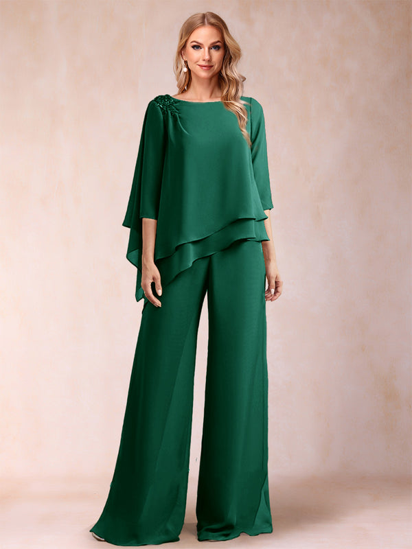 Chiffon Scoop 3/4 Sleeves 2 Pieces Ruched Pantsuits with Rhinestone