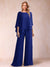 Chiffon Scoop 3/4 Sleeves 2 Pieces Ruched Pantsuits with Rhinestone