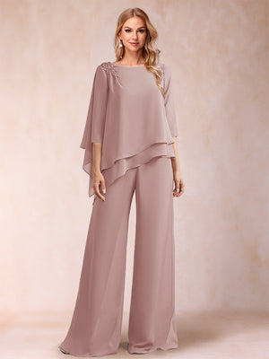 Chiffon Scoop 3/4 Sleeves 2 Pieces Ruched Pantsuits with Rhinestone