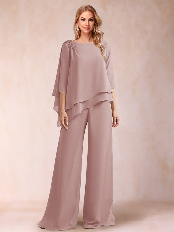 Chiffon Scoop 3/4 Sleeves 2 Pieces Ruched Pantsuits with Rhinestone