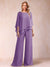 Chiffon Scoop 3/4 Sleeves 2 Pieces Ruched Pantsuits with Rhinestone